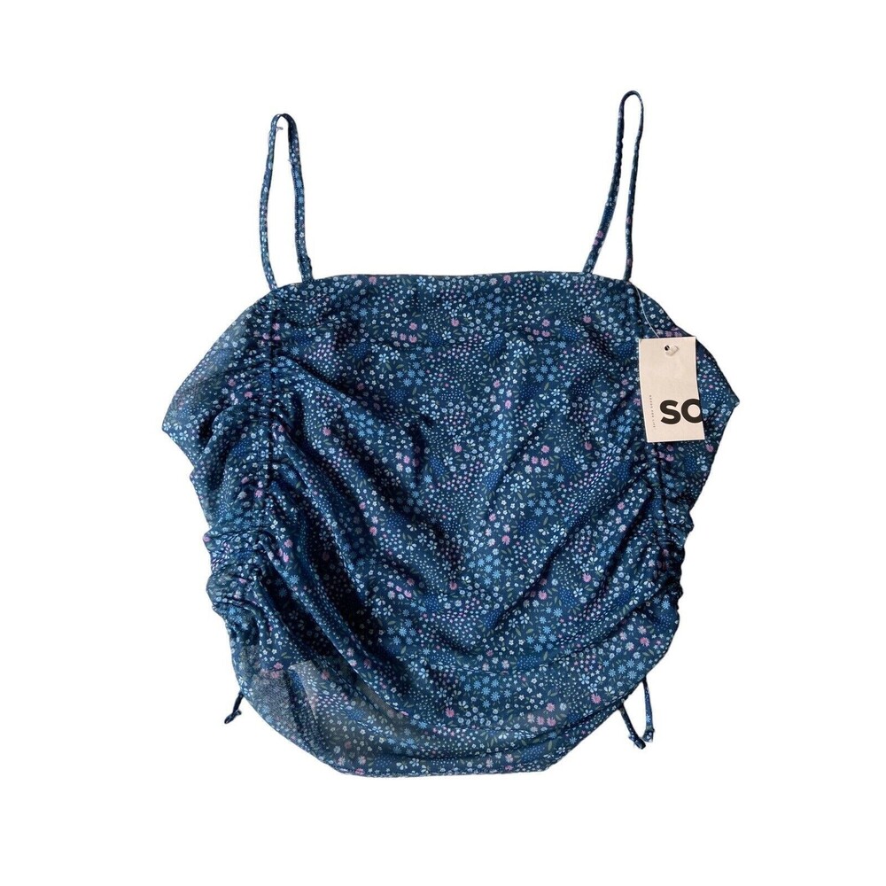 SO Womens Spaghetti Strap Crop Top Size XXL Jrs Blue Floral Ruched Sides Summer - Picture 4 of 14
